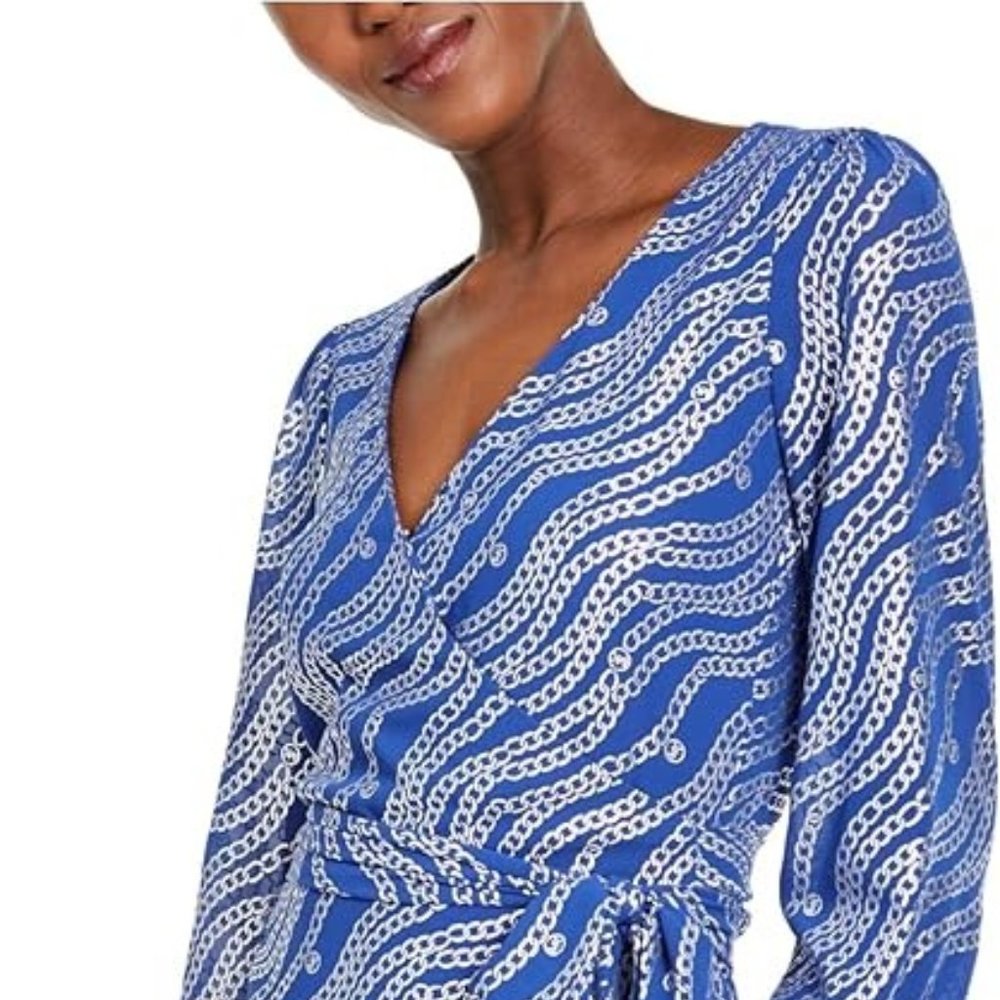 Michael Kors Metallic Chain-Print Wrap Top Twilight Blue XLarge